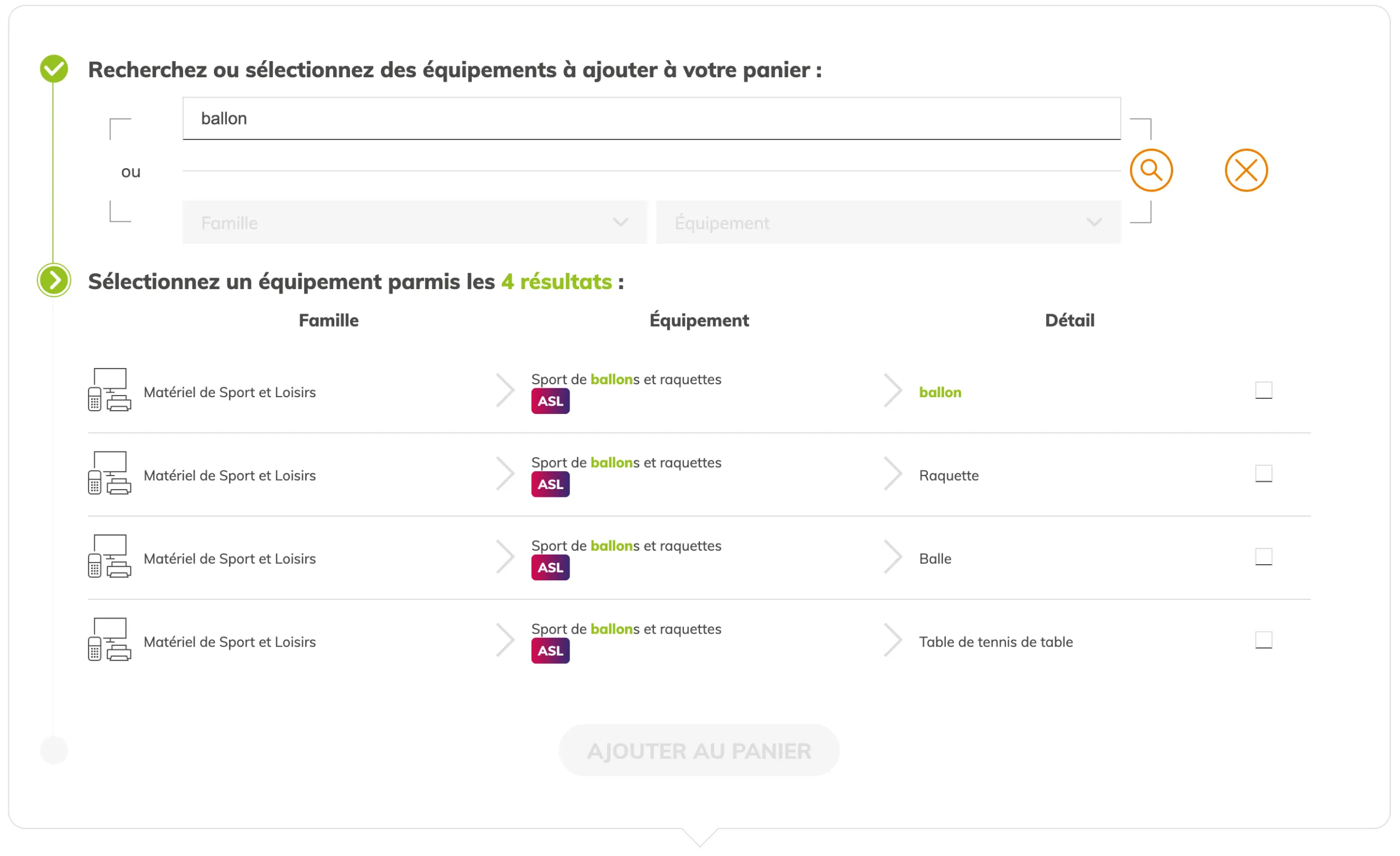 Inventaire, étape 1 : recherchez ou sélectionnez des équipements à ajouter à votre panier ASL