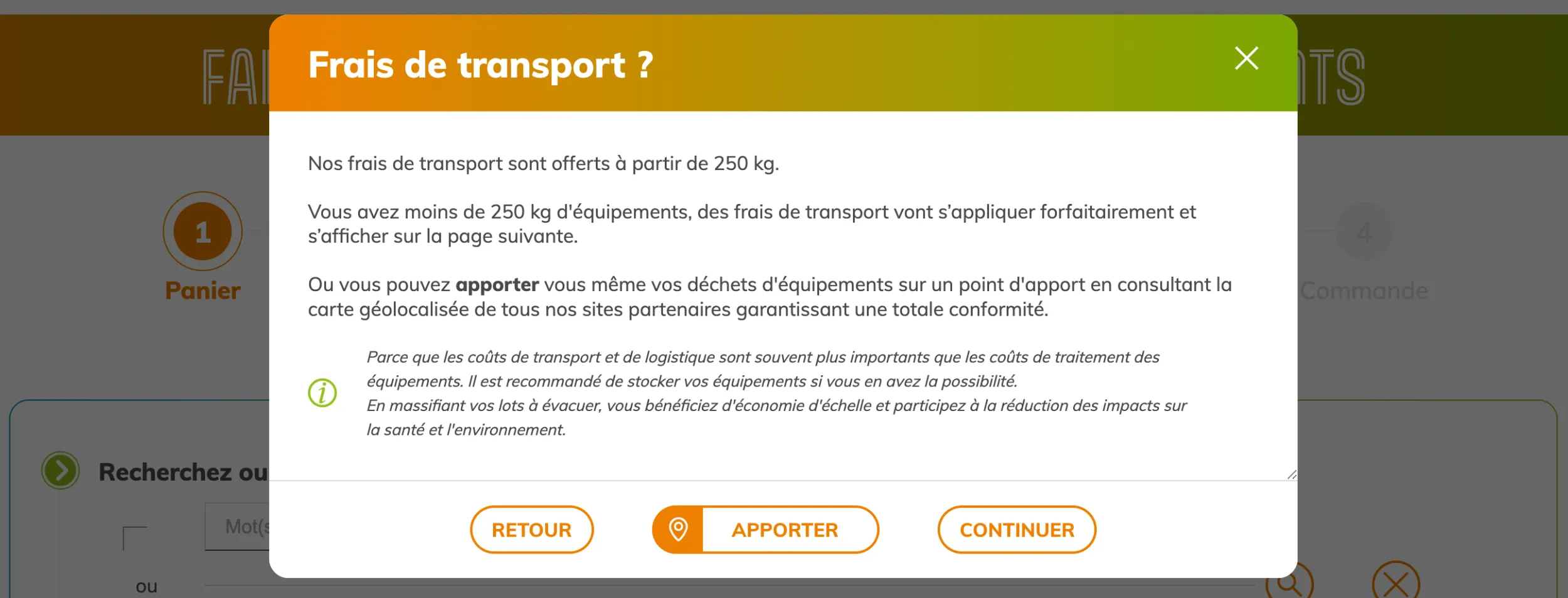 Inventaire, étape 1 : frais de transport sont offerts à partir de 250 kg