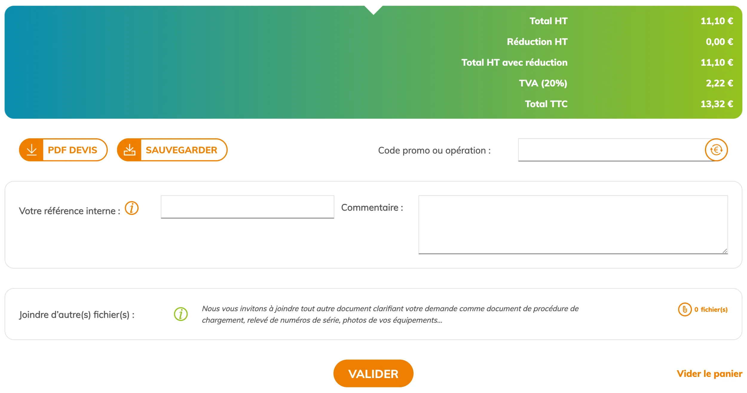 Étape 2 : total, pdf devis et sauvegarder, référence interne, services généraux