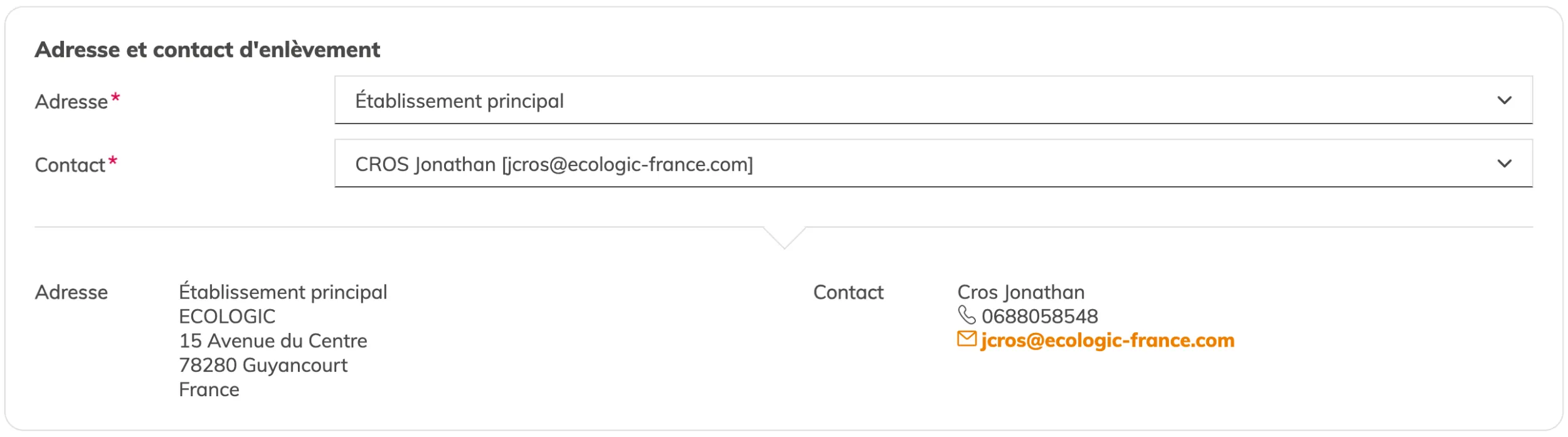Étape 3 : adresse et contact d'enlèvement