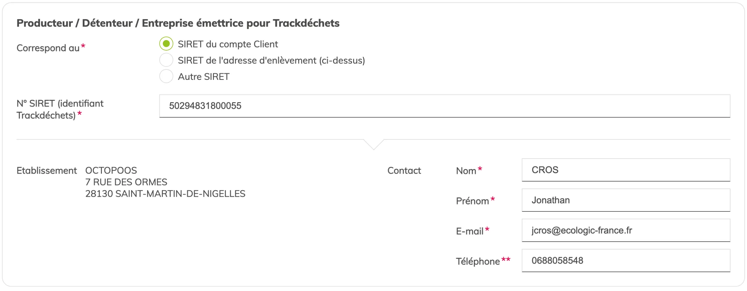 Étape 3 : producteur / détenteur / entreprise émettrice pour Trackdéchets