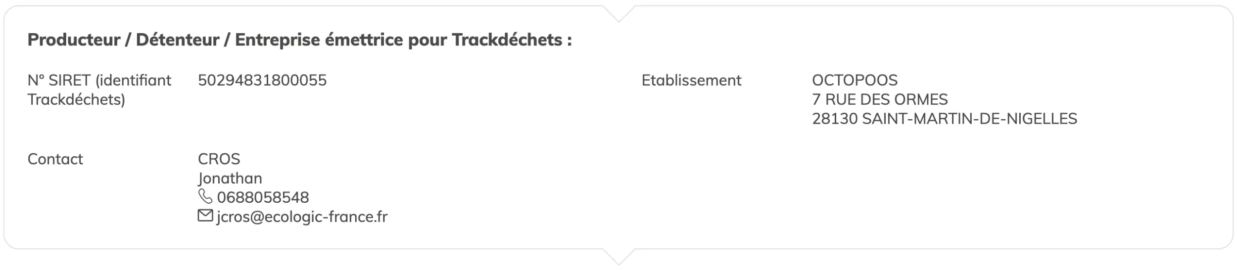 Étape 4 : récapitulatif producteur / Détenteur / Entreprise émettrice pour Trackdéchets